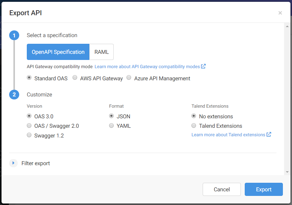 Export API dialog box.