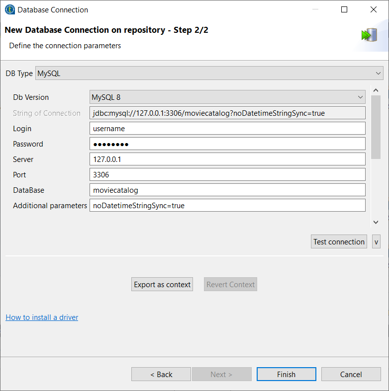 Database connection dialog box.