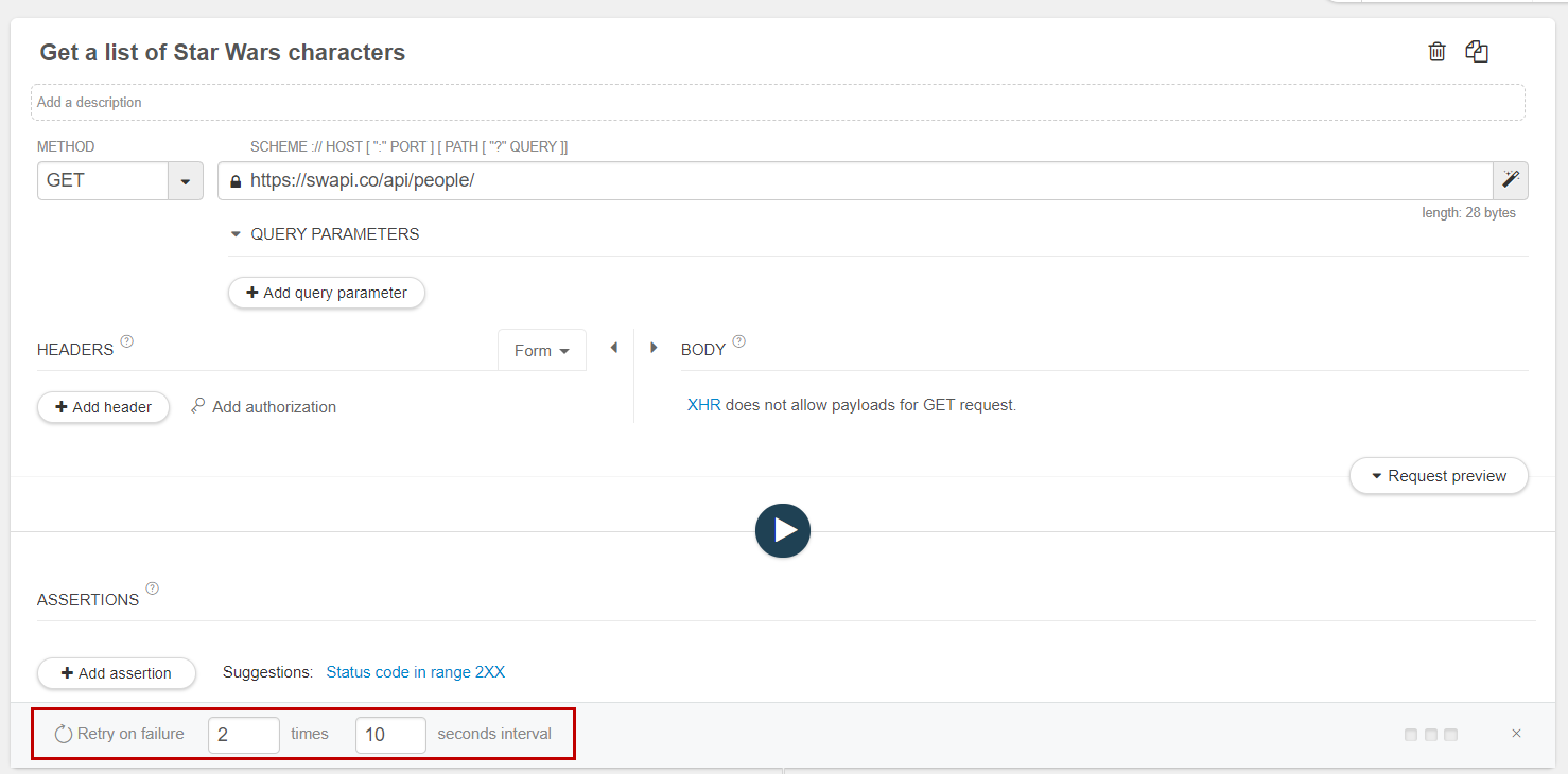 For example, set the number of attempts to two and the interval between each attempt to ten seconds.