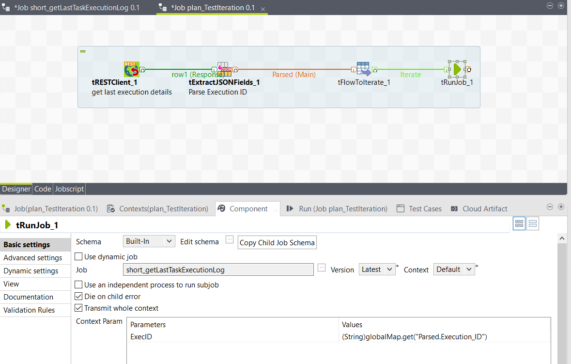 Job with tRESTClient, tExtractJSONFields, tFlowToIterate and tRunJob components.