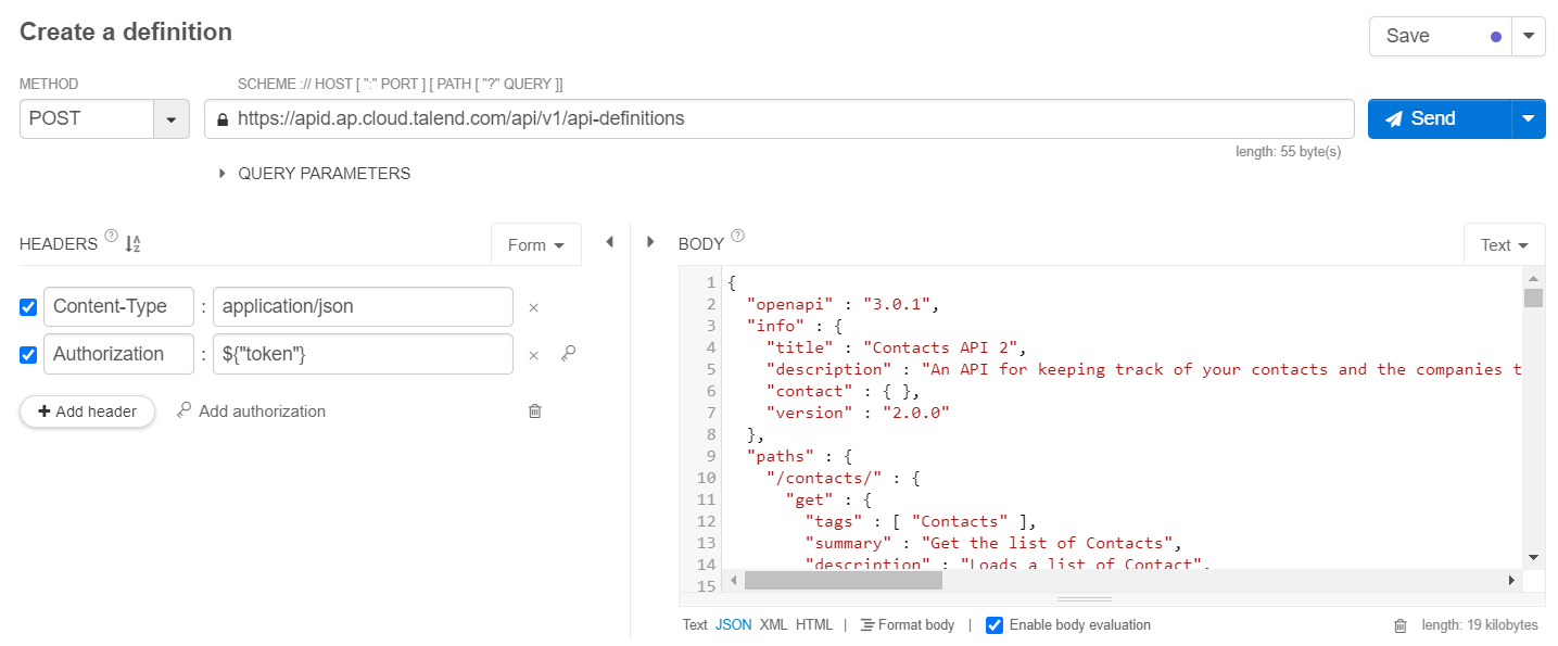 The body text box contains an API definition.
