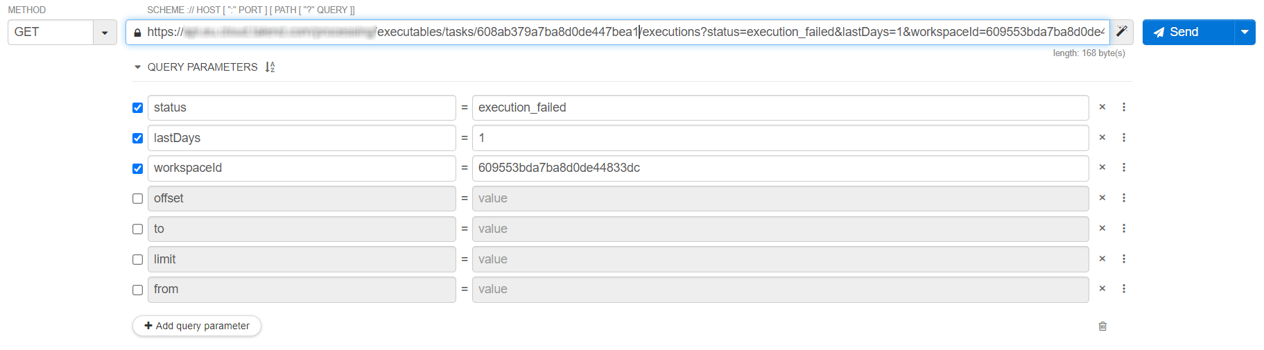 In the Query Parameters, the status, lastDays and workspaceid parameters are selected.