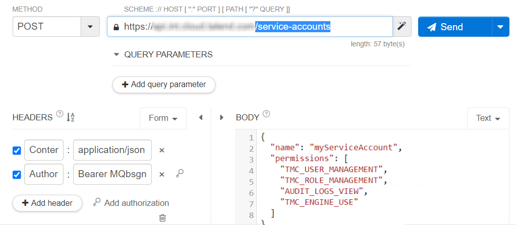 POST is selected and the service account management endpoint to be used is specified in Talend Cloud API Tester.