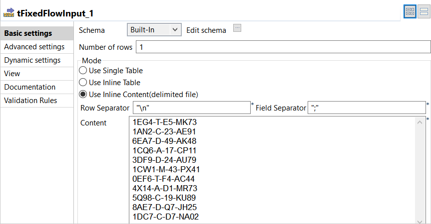 Configuration of the tFixedFlowInput component.