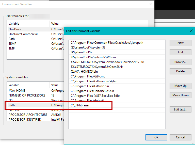 Edit environment variables window.