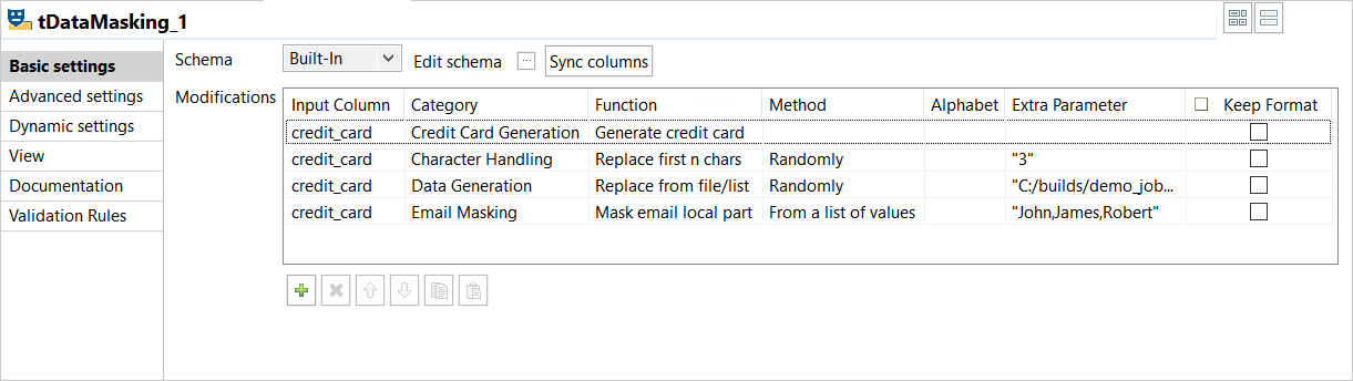 Configuration of the tDataMasking component.