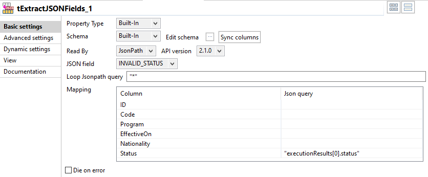 Configuration of the tExtractJSONFields component.