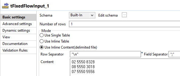 Configuration of the tFixedFlowInput component.