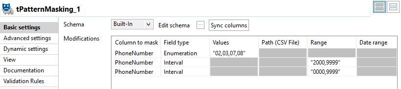 Configuration of the tPatternMasking component.