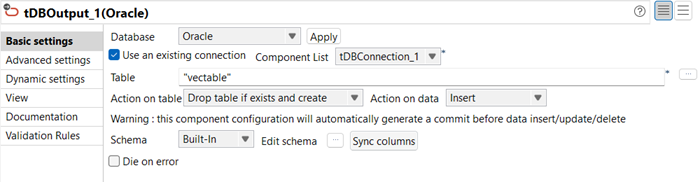 Basic settings view of the tOracleOutput configuration.