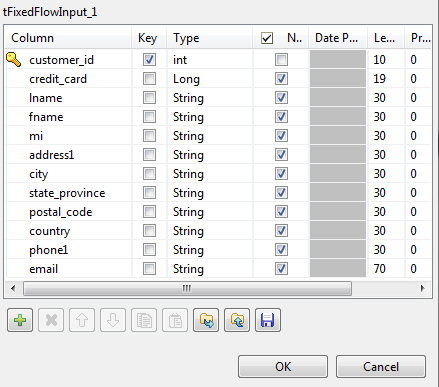 Schema of the tFixedFlowInput component.