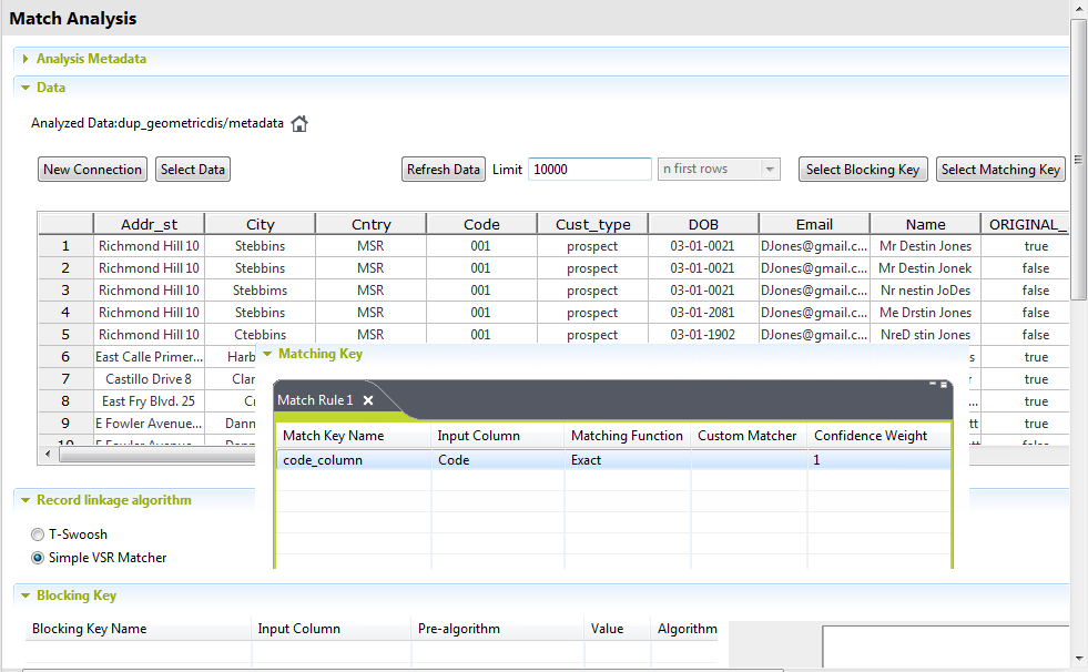 Overview of the Matching key window.