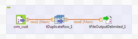 A Job using the tFileInputDelimited, tDuplicateRow, and tFileOutputDelimited components.