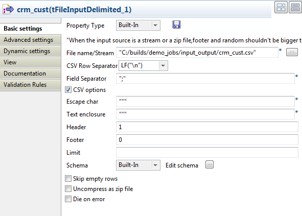 Configuration of the tFileInputDelimited component