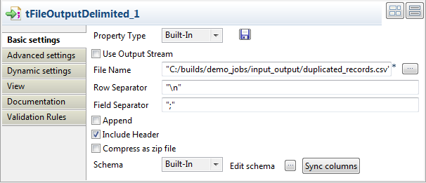 Configuration of the tFileOutputDelimited component.