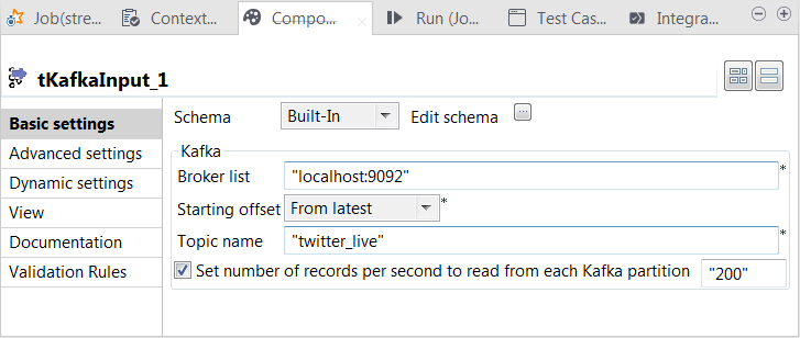 tKafkaInput Basic settings view.