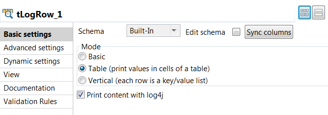 Configuration of the tLogRow component.