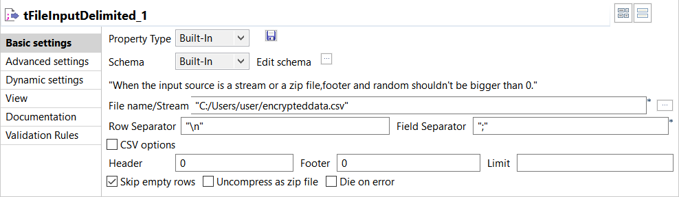 Configuration of the tFileInputDelimited component.