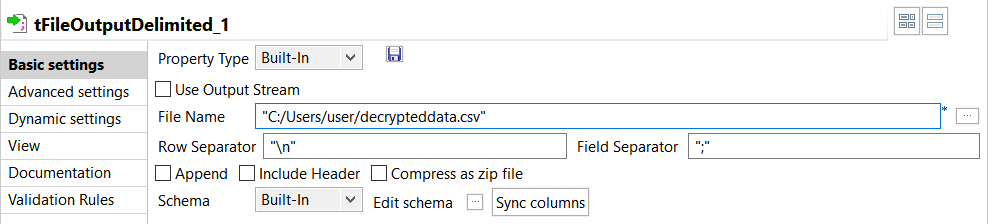 Configuration of the tFileOutputDelimited component.