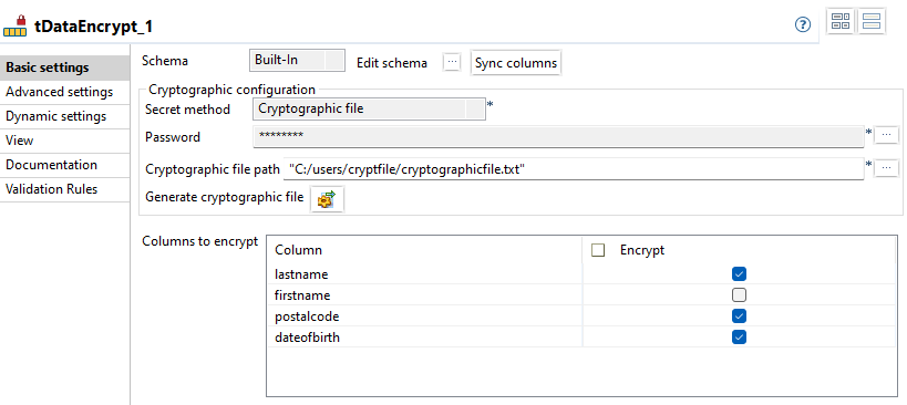 Configuration of the tDataEncrypt component.