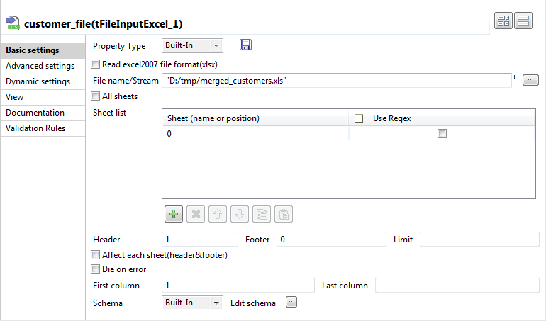 Configuration of the tFileInputExcel component.