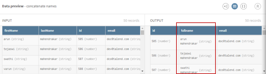 In the Output data preview, the Python processor concatenated the first and last name in a full name column.