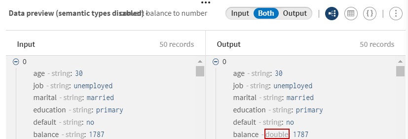 In the Output data preview, the balance data type is now double.