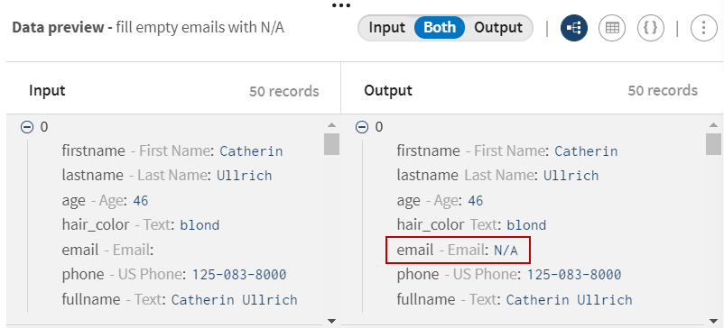 In the Output data preview, the email is filled with N/A.