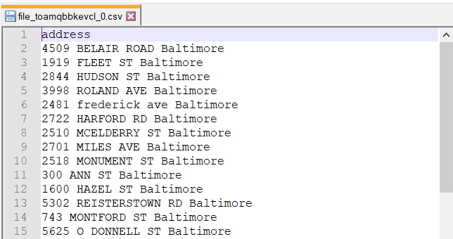 CSV file with 50 addresses listed one under the other.