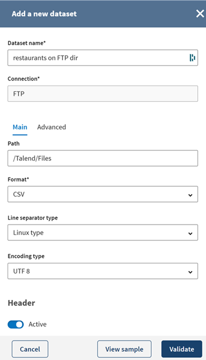 Configuration of a new FTP dataset.