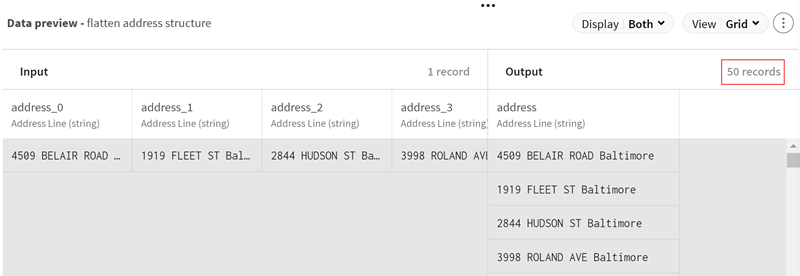 In the Output data preview, the horizontal list of adress that count as one record became a vertical list of adress that count as 50 records.