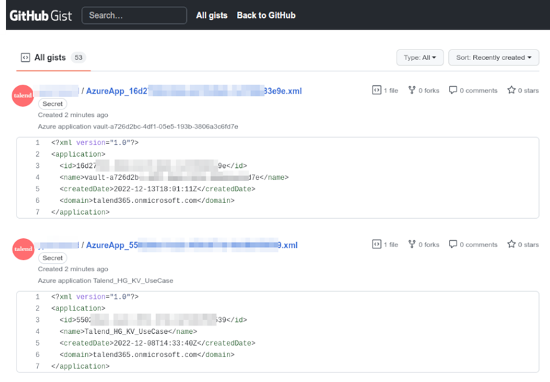 XML content of two Azure apps sent to GitHub GIST.