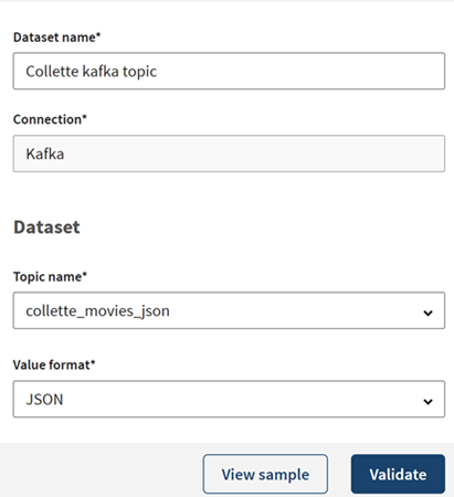 Configuration of a new Kafka dataset.