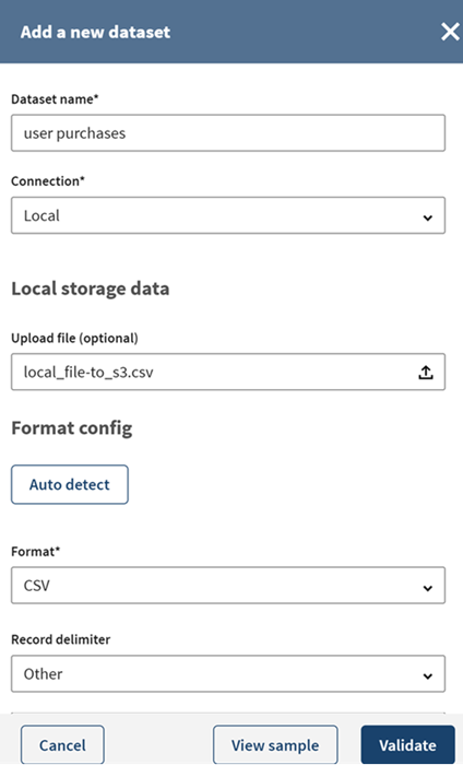 Configuration of a new local dataset.