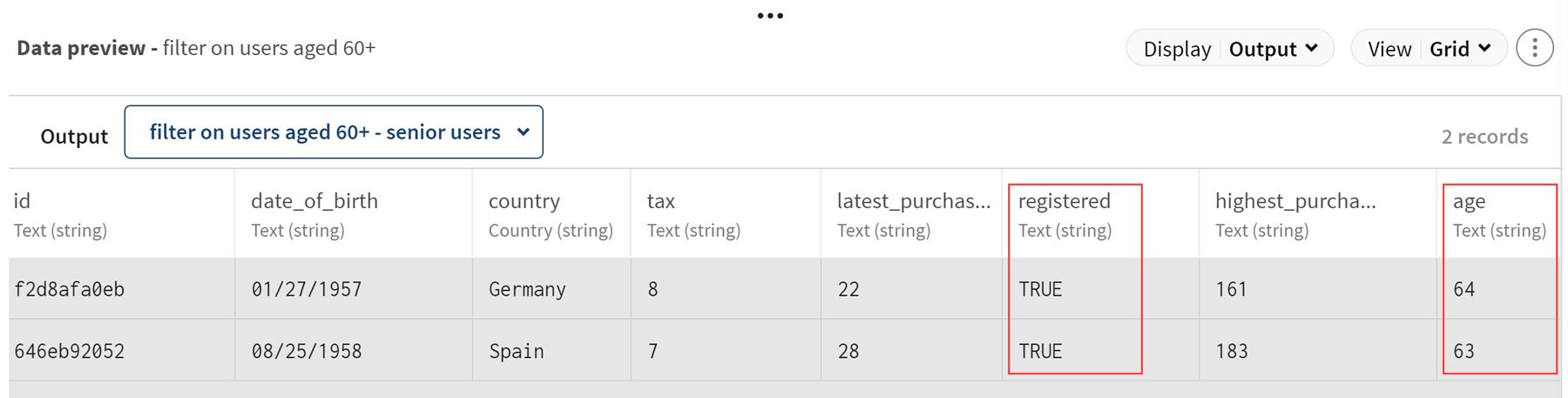 In the Output data preview, 2 records match the criteria.