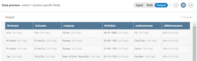 The first name and last name columns appear in the Output data preview.