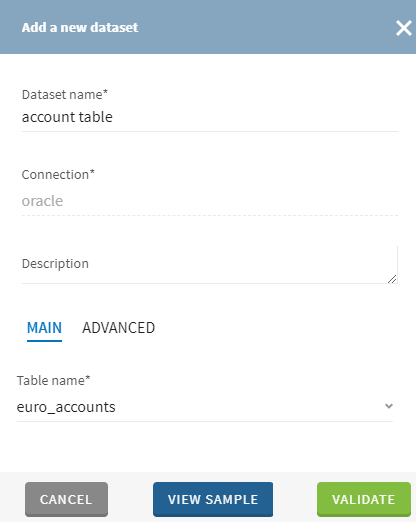 Configuration of a new Oracle dataset.