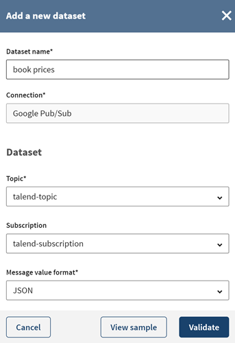 Configuration of a new Google Pub/Sub dataset.