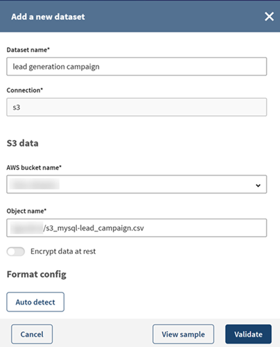 Configuration of a new Amazon S3 dataset.