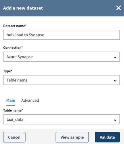 Configuration of a new Azure Synapse dataset.