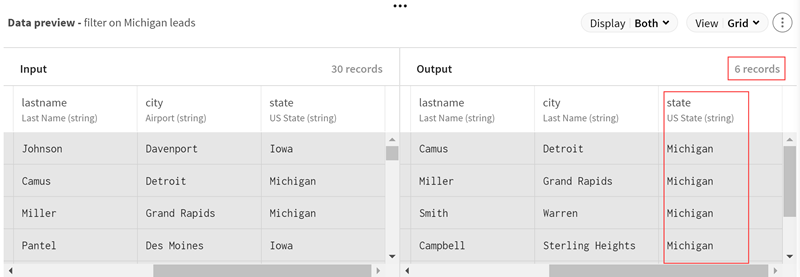 In the Output data preview, 6 records match the criteria.