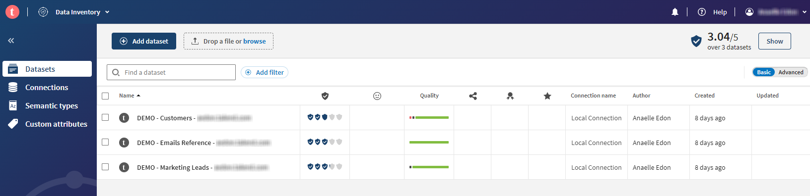 Datasets tab in Talend Cloud Data Inventory.