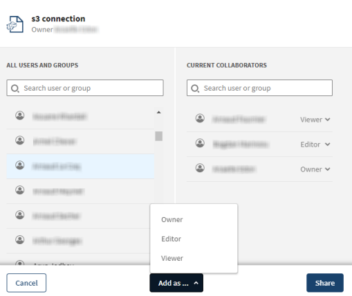 Sharing configuration panel of an Amazon S3 connection.