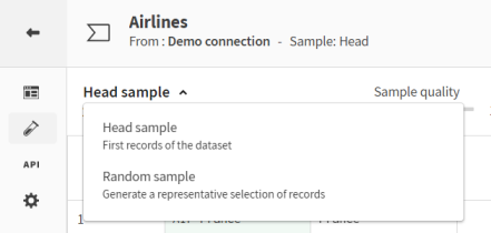 Aircrafts dataset sample. The mouse hovers on a drop-down list where you can choose between 'Head sample' and 'Random sample' options.