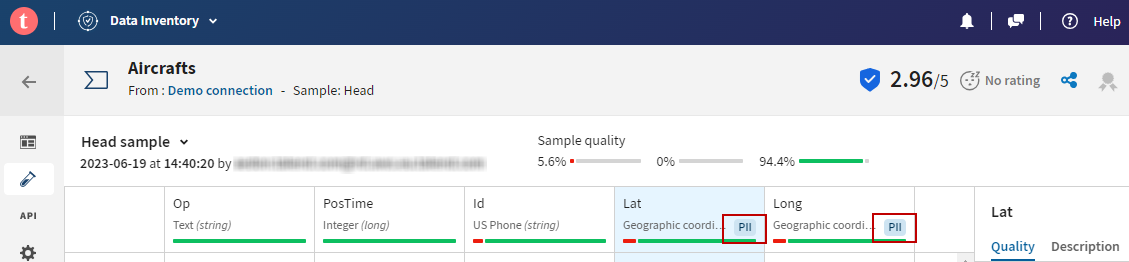 Personally Identifiable Information flag from the Sample view.