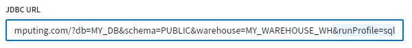 The JDBC URL field with the &runProfile=sql parameter.