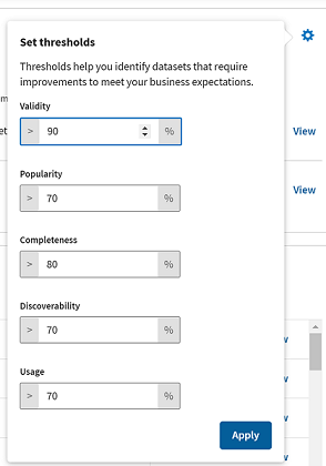 Set thresholds panel for the Talend Trust Score™.