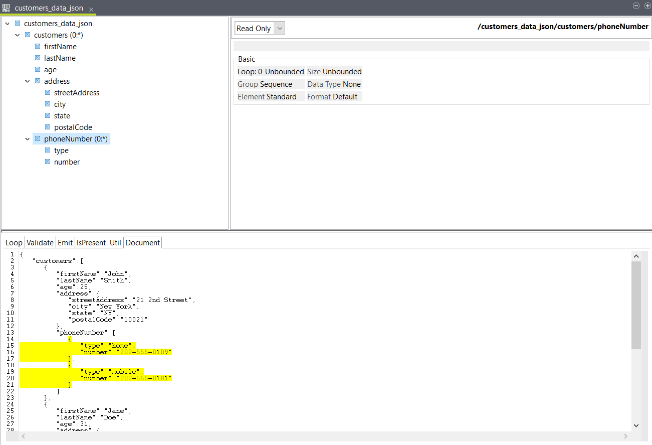 "customers_data_json" structure with "phoneNumber" element highlighted.