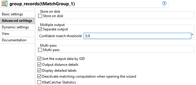 Advanced settings of the tMatchGroup component.