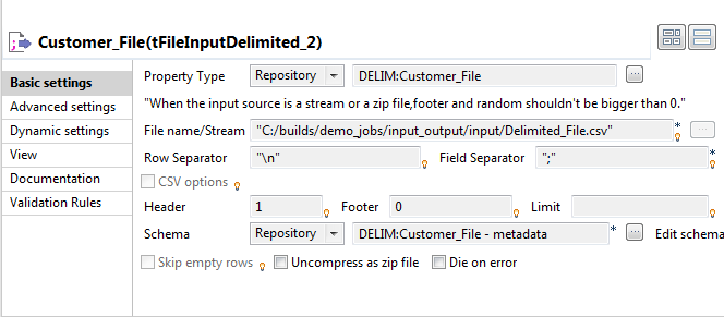 Configuration of the tFileInputDelimited component.